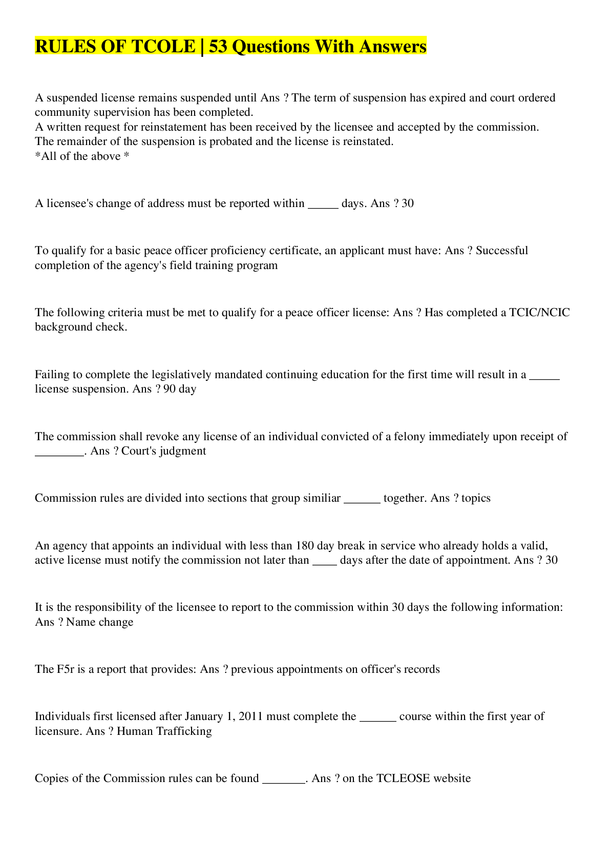 RULES OF TCOLE 53 Questions With Answers Browsegrades